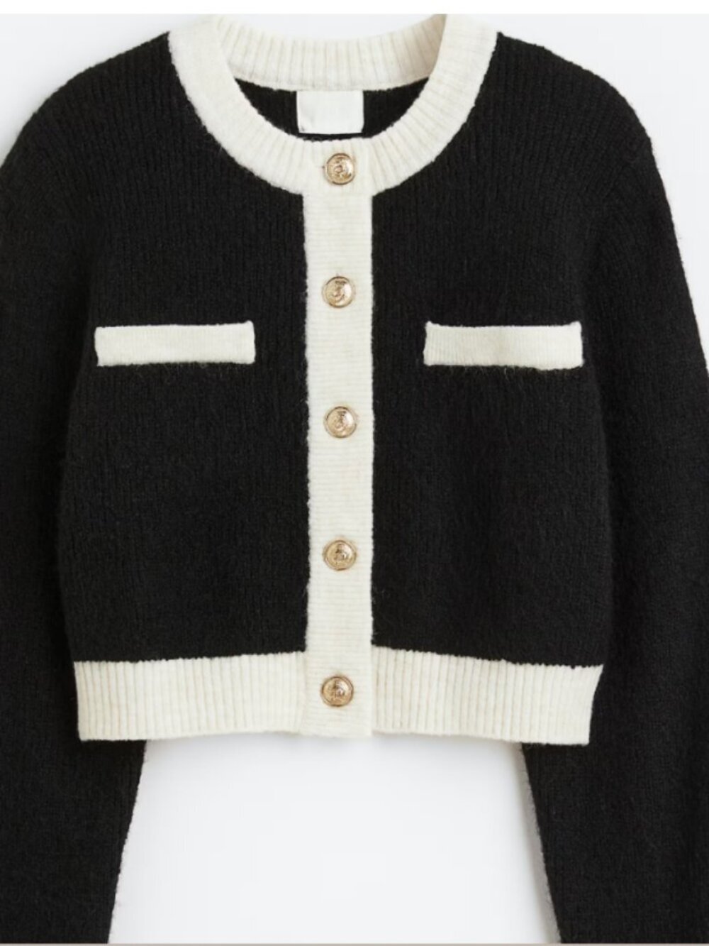 H&M Elegant Cropped Cardigan - Black/Cream With Gold Buttons